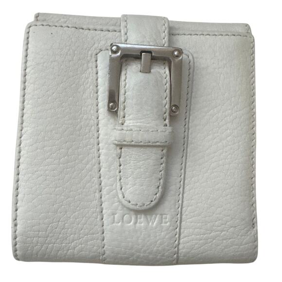 Loewe White Wallet Pebbled Leather Snap Closure 4x4 Designer Quiet Luxury - Picture 1 of 12
